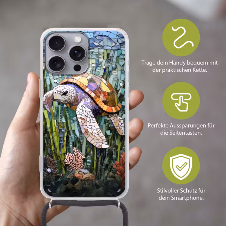 Schildpad - Zeewier - Mozaïek Hoesje iPhone 16 Pro Max met koord klein -sfeer2_DE