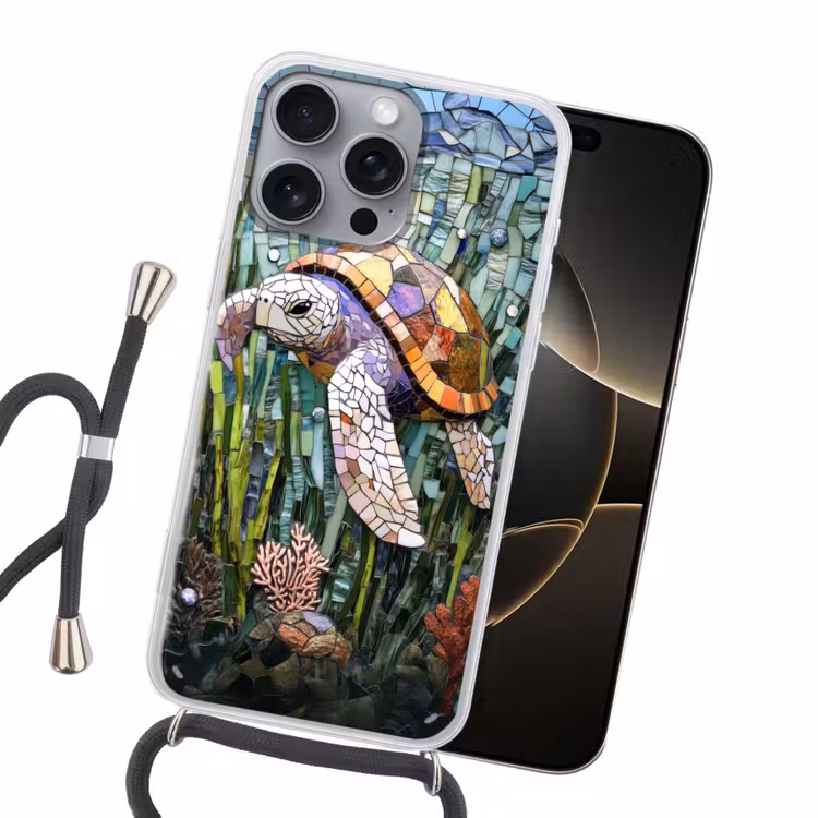 Schildpad - Zeewier - Mozaïek Hoesje iPhone 16 Pro Max met koord klein -sfeer1
