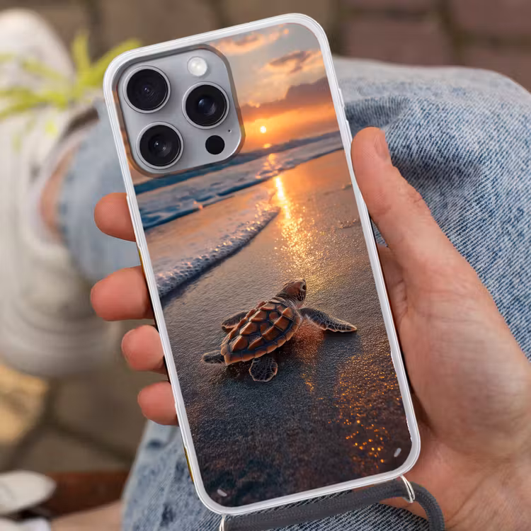 Schildpad - strand - Zonsondergang Hoesje iPhone 16 Pro Max met koord klein -sfeer3