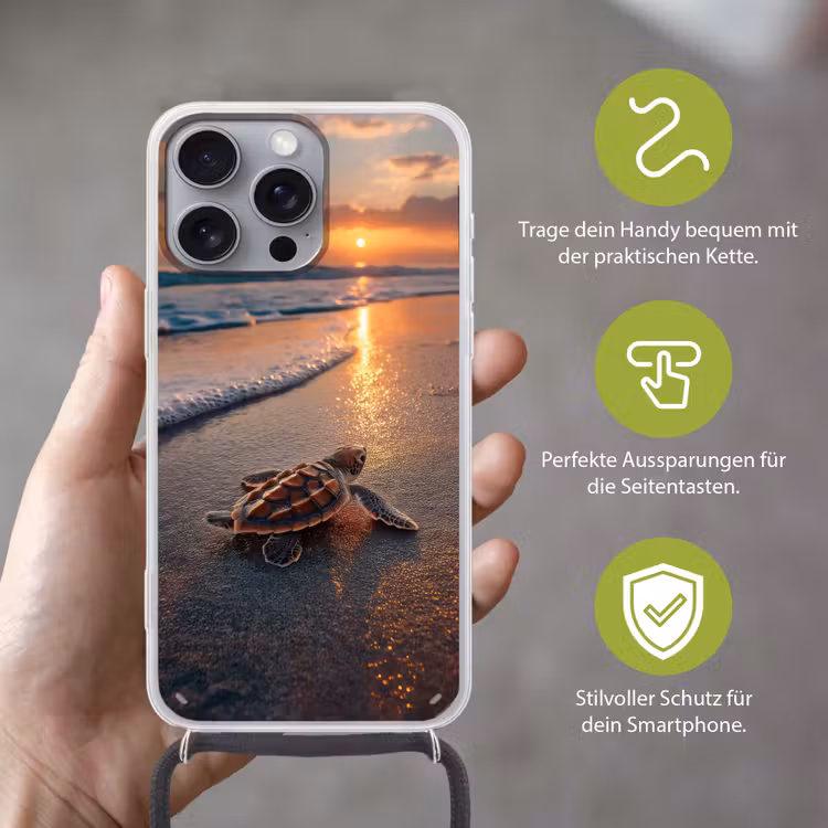 Schildpad - strand - Zonsondergang Hoesje iPhone 16 Pro Max met koord klein -sfeer2_DE