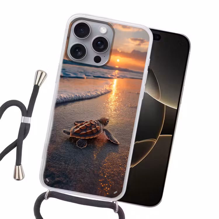 Schildpad - strand - Zonsondergang Hoesje iPhone 16 Pro Max met koord klein -sfeer1
