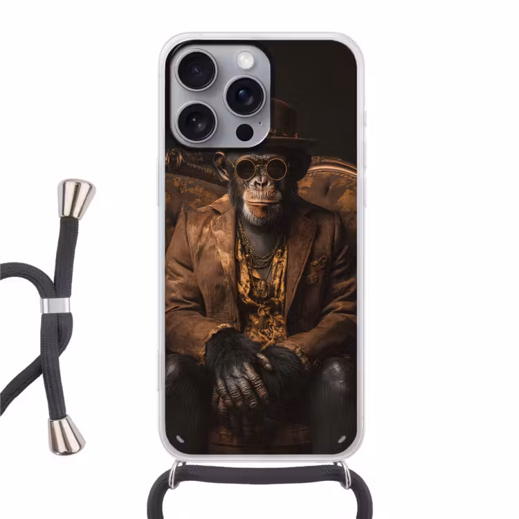 Chimpansee - Stoel - Pak - Bruin Hoesje iPhone 16 Pro Max met koord klein -3d
