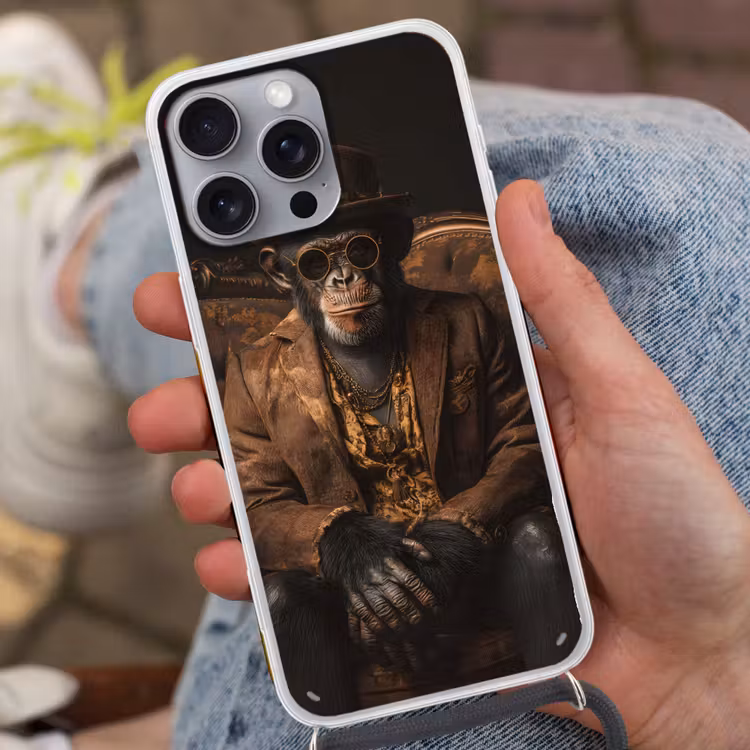Chimpansee - Stoel - Pak - Bruin Hoesje iPhone 16 Pro Max met koord klein -sfeer3