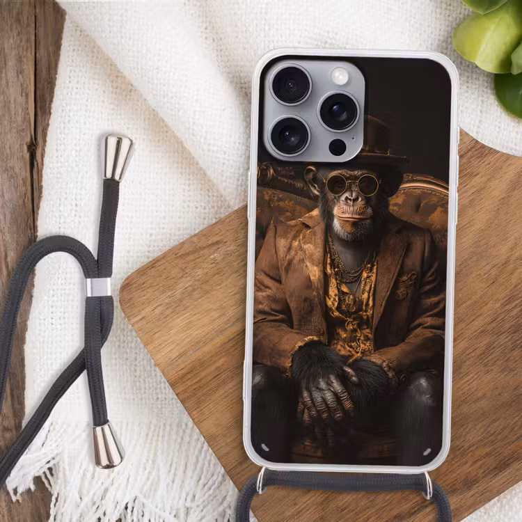 Chimpansee - Stoel - Pak - Bruin Hoesje iPhone 16 Pro Max met koord klein -sfeer4