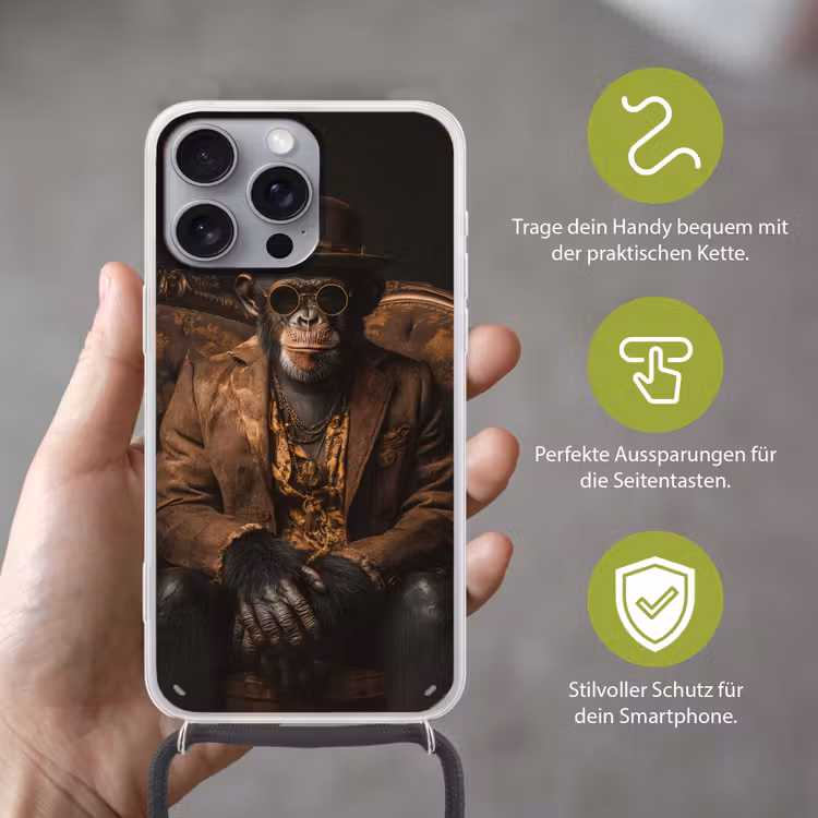 Chimpansee - Stoel - Pak - Bruin Hoesje iPhone 16 Pro Max met koord klein -sfeer2_DE