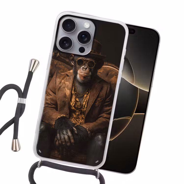 Chimpansee - Stoel - Pak - Bruin Hoesje iPhone 16 Pro Max met koord klein -sfeer1