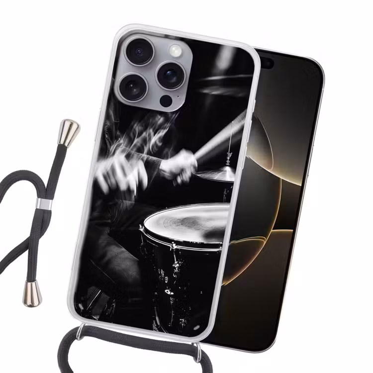 Drummer - Zwart - Drumstel Hoesje iPhone 16 Pro Max met koord klein -sfeer1