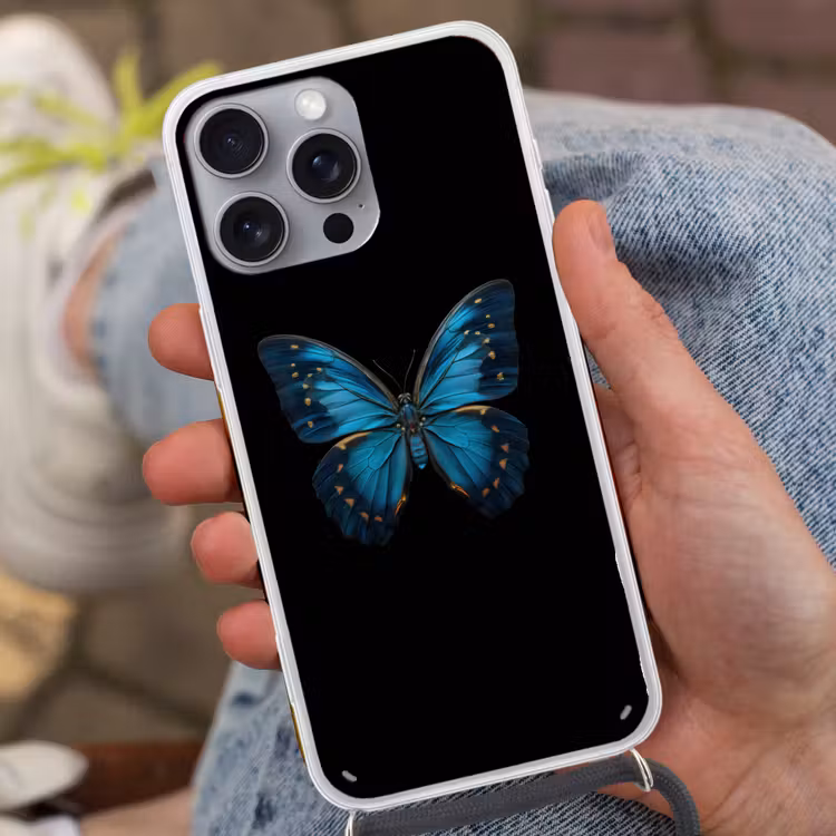 Vlinder - Blauw - Contrast Hoesje iPhone 16 Pro Max met koord klein -sfeer3