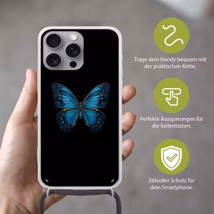 Vlinder - Blauw - Contrast Hoesje iPhone 16 Pro Max met koord klein -sfeer2_DE