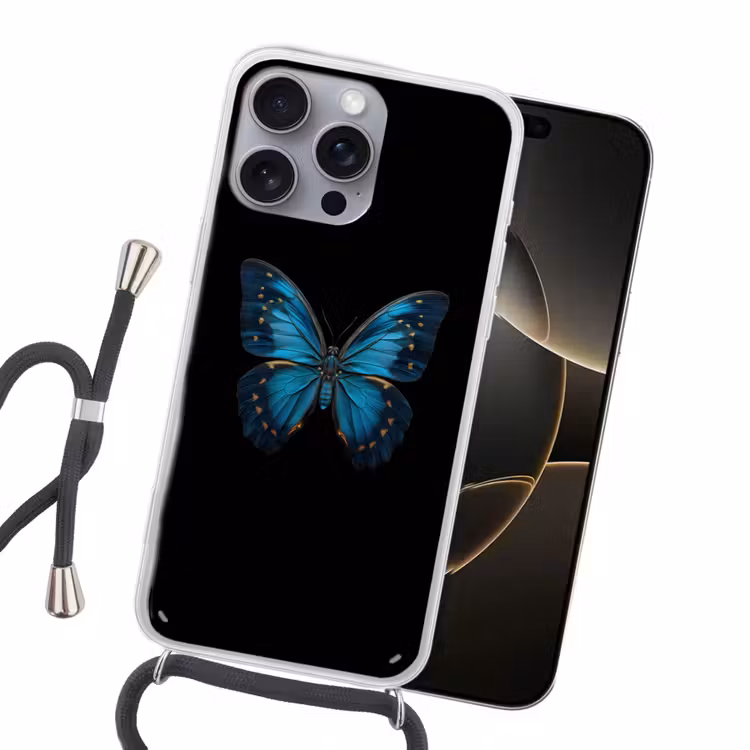 Vlinder - Blauw - Contrast Hoesje iPhone 16 Pro Max met koord klein -sfeer1