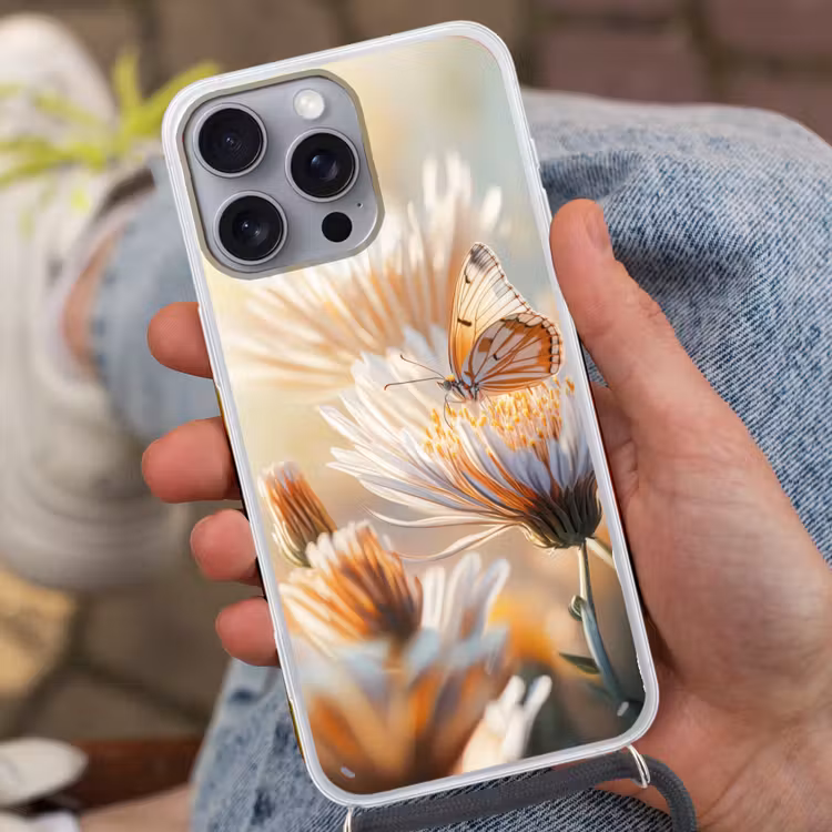 Vlinder - Bloem - Oranje Hoesje iPhone 16 Pro Max met koord klein -sfeer3