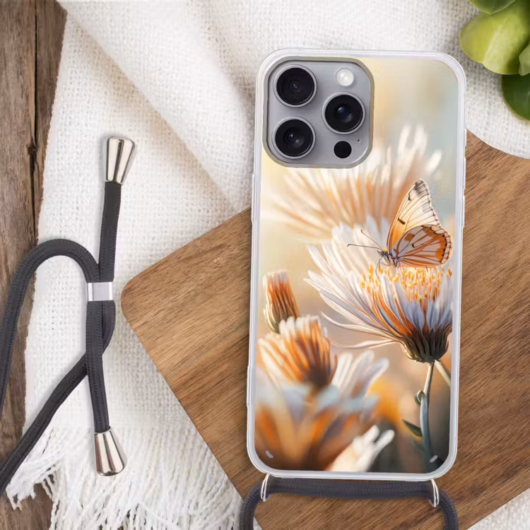 Vlinder - Bloem - Oranje Hoesje iPhone 16 Pro Max met koord klein -sfeer4