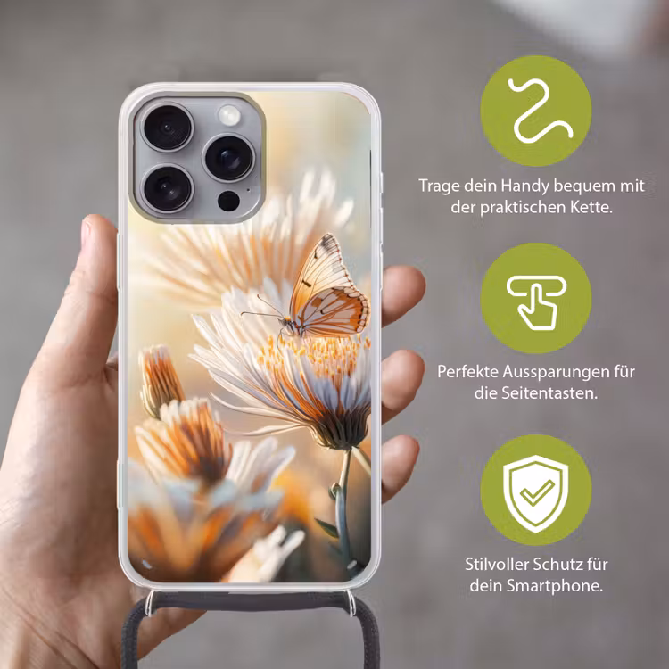 Vlinder - Bloem - Oranje Hoesje iPhone 16 Pro Max met koord klein -sfeer2_DE