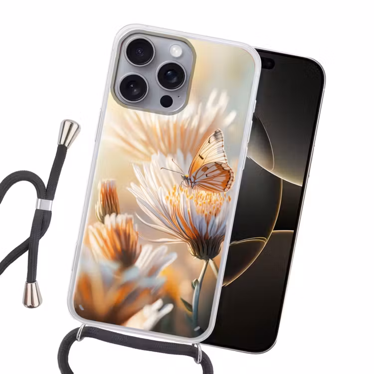 Vlinder - Bloem - Oranje Hoesje iPhone 16 Pro Max met koord klein -sfeer1