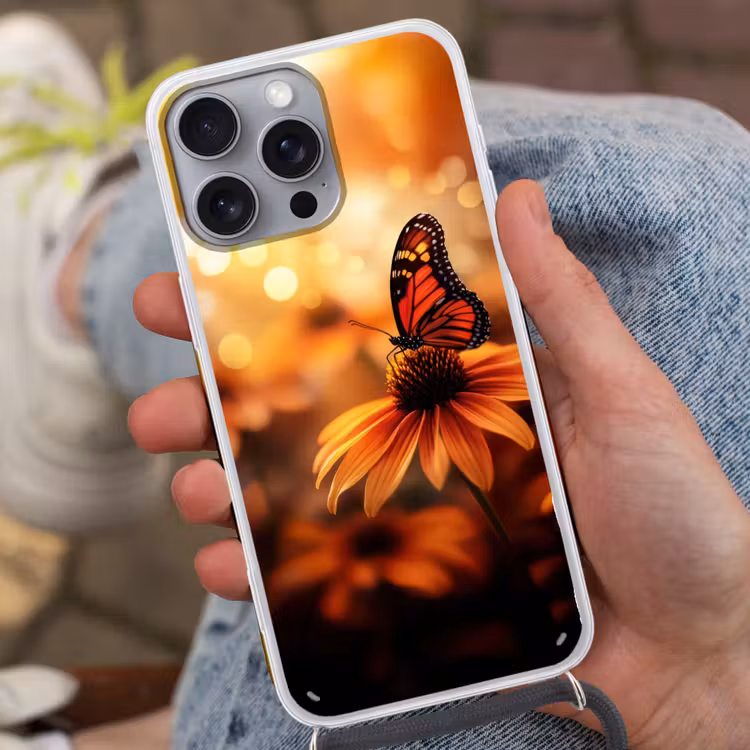 Vlinder - Bloemen - Oranje Hoesje iPhone 16 Pro Max met koord klein -sfeer3
