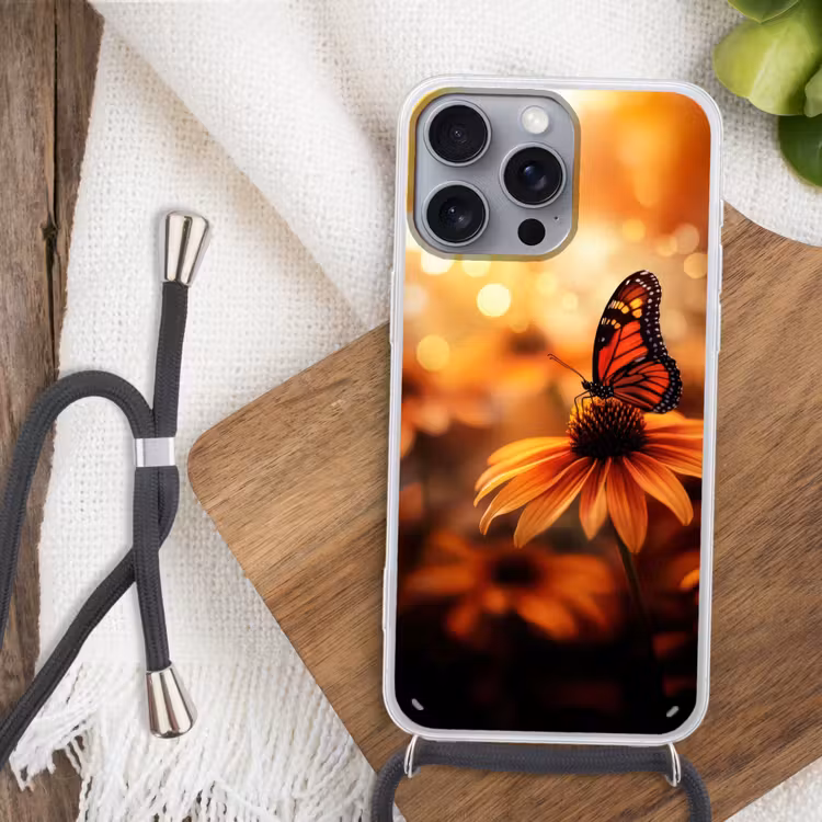 Vlinder - Bloemen - Oranje Hoesje iPhone 16 Pro Max met koord klein -sfeer4