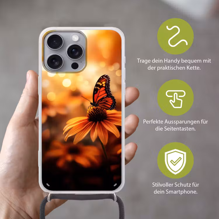 Vlinder - Bloemen - Oranje Hoesje iPhone 16 Pro Max met koord klein -sfeer2_DE