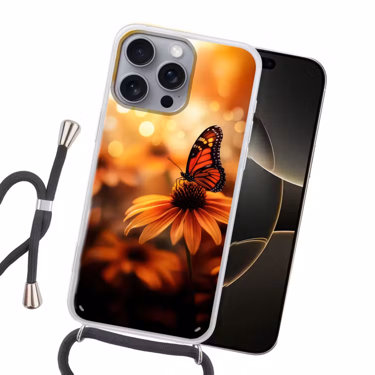 Vlinder - Bloemen - Oranje Hoesje iPhone 16 Pro Max met koord klein -sfeer1