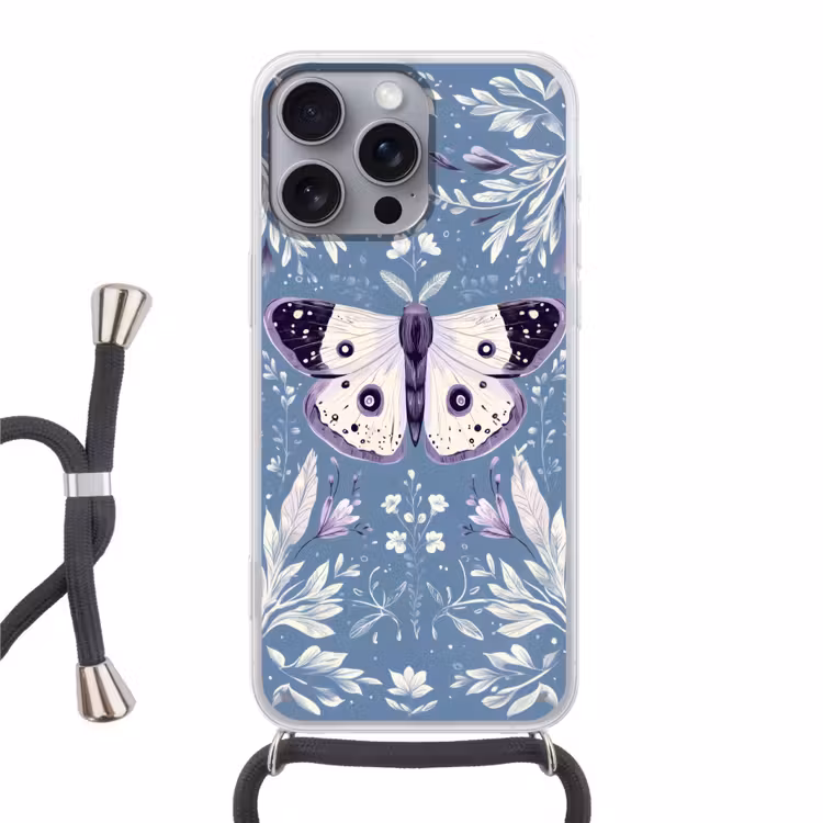 Vlinder - Bloemtakken - Lichtblauw Hoesje iPhone 16 Pro Max met koord klein -3d
