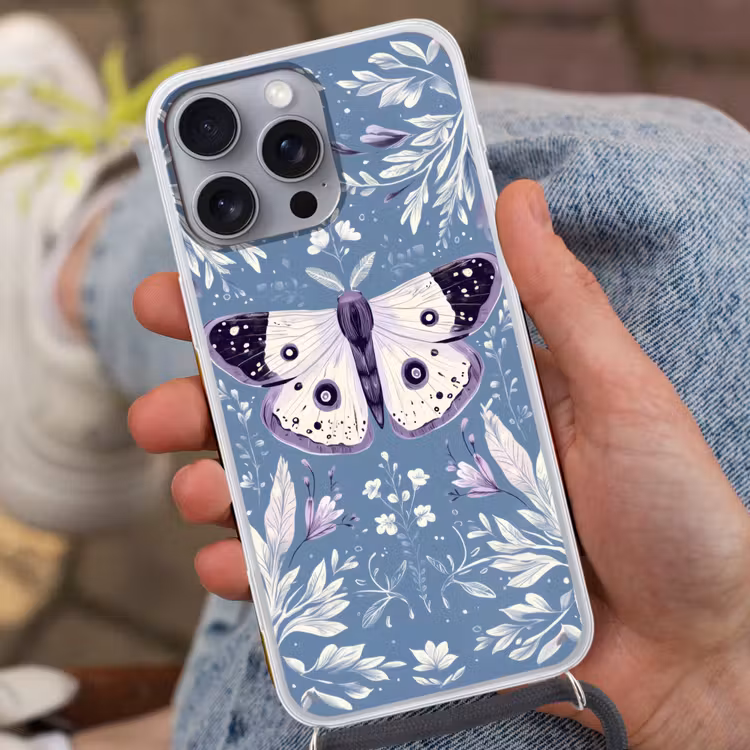 Vlinder - Bloemtakken - Lichtblauw Hoesje iPhone 16 Pro Max met koord klein -sfeer3