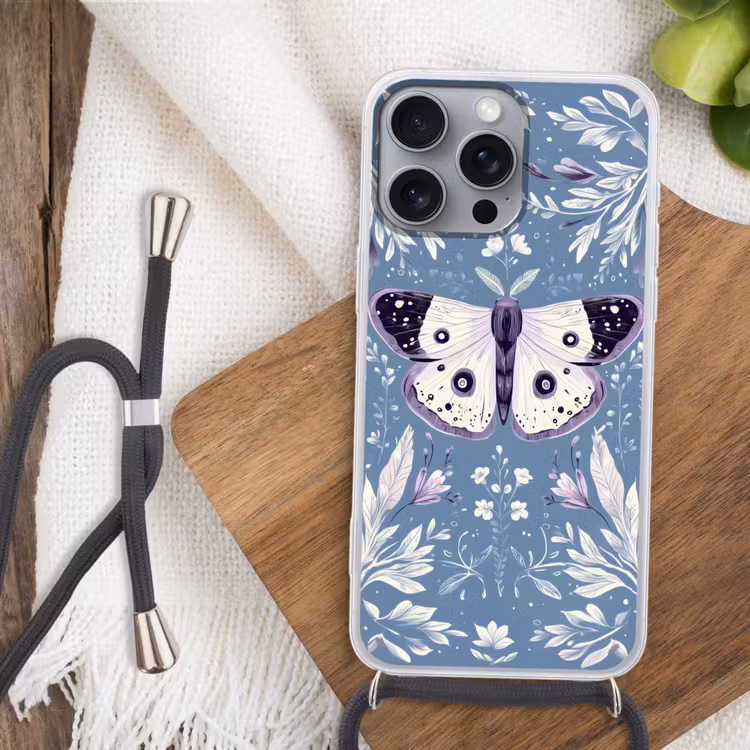 Vlinder - Bloemtakken - Lichtblauw Hoesje iPhone 16 Pro Max met koord klein -sfeer4