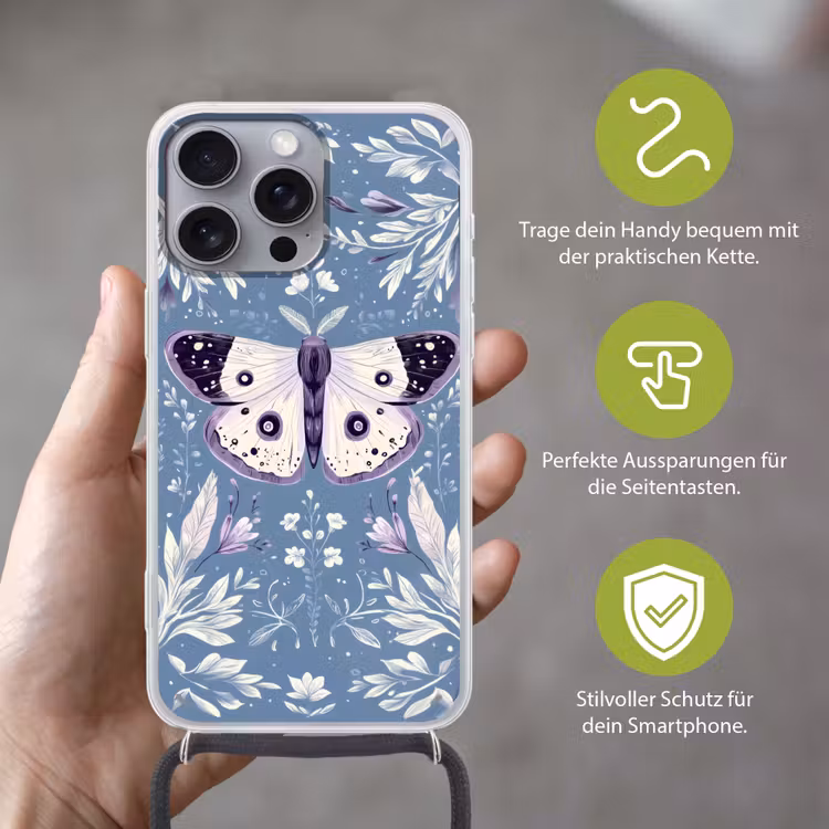 Vlinder - Bloemtakken - Lichtblauw Hoesje iPhone 16 Pro Max met koord klein -sfeer2_DE