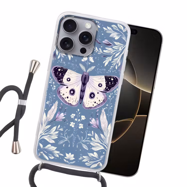 Vlinder - Bloemtakken - Lichtblauw Hoesje iPhone 16 Pro Max met koord klein -sfeer1