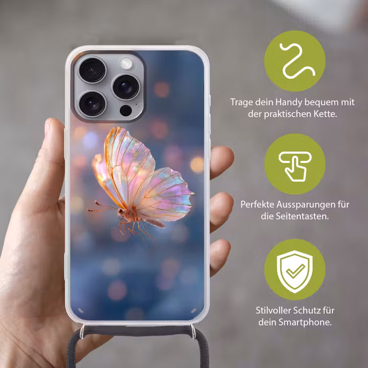 Vlinder - Vleugels - Pastel - Glinstering Hoesje iPhone 16 Pro Max met koord klein -sfeer2_DE