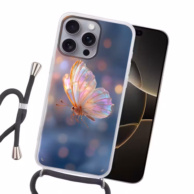 Vlinder - Vleugels - Pastel - Glinstering Hoesje iPhone 16 Pro Max met koord klein -sfeer1