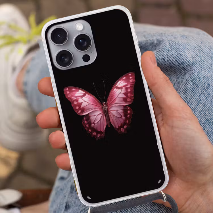 Vlinder - Fuchsia - Grafisch Hoesje iPhone 16 Pro Max met koord klein -sfeer3