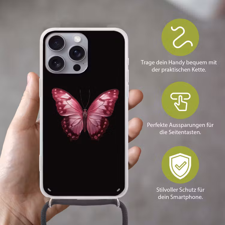 Vlinder - Fuchsia - Grafisch Hoesje iPhone 16 Pro Max met koord klein -sfeer2_DE