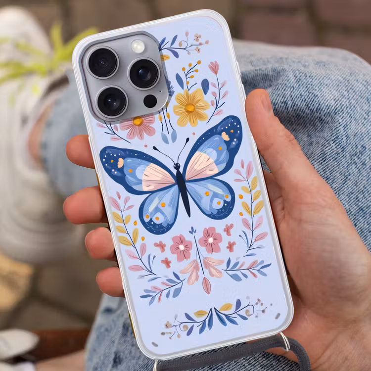Vlinder - Lichtblauw - Sierlijk - Bloemen Hoesje iPhone 16 Pro Max met koord klein -sfeer3