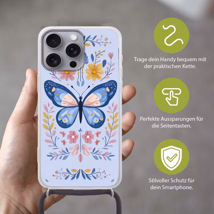 Vlinder - Lichtblauw - Sierlijk - Bloemen Hoesje iPhone 16 Pro Max met koord klein -sfeer2_DE