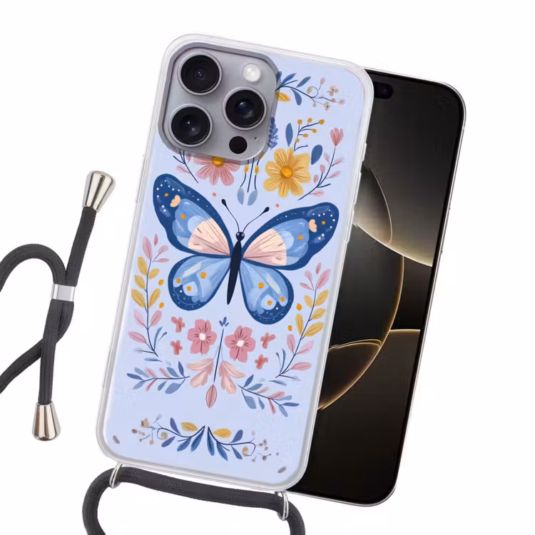 Vlinder - Lichtblauw - Sierlijk - Bloemen Hoesje iPhone 16 Pro Max met koord klein -sfeer1