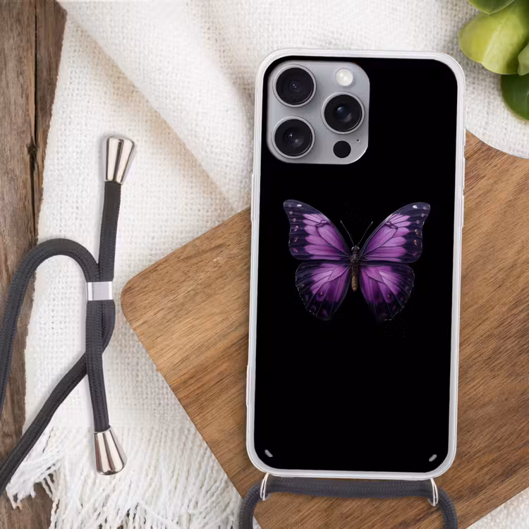 Vlinder - Paars - Levendig Hoesje iPhone 16 Pro Max met koord klein -sfeer4