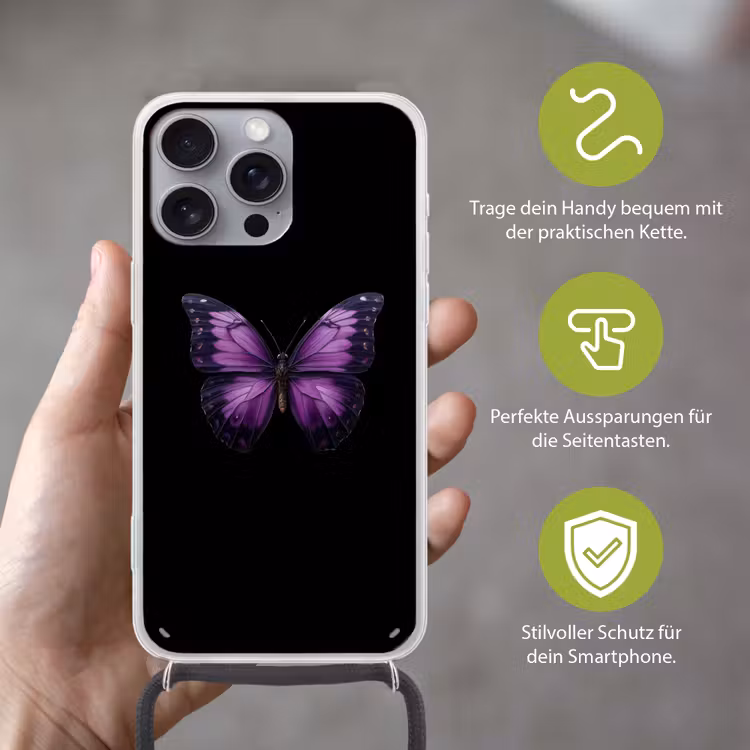 Vlinder - Paars - Levendig Hoesje iPhone 16 Pro Max met koord klein -sfeer2_DE