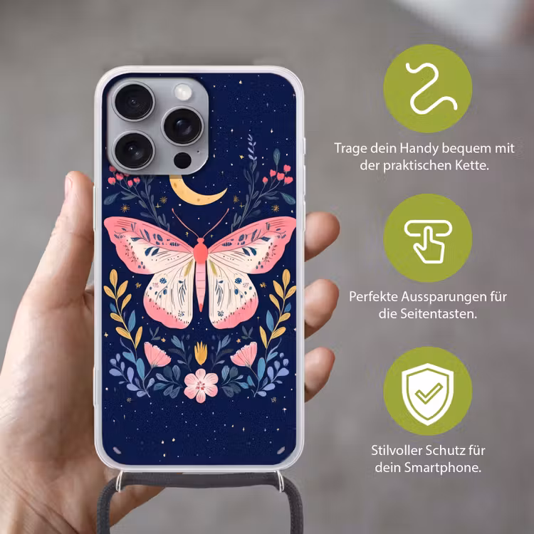 Vlinder - Maan - Bloemen - Sterrenhemel Hoesje iPhone 16 Pro Max met koord klein -sfeer2_DE