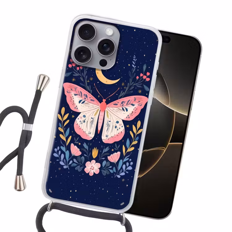 Vlinder - Maan - Bloemen - Sterrenhemel Hoesje iPhone 16 Pro Max met koord klein -sfeer1