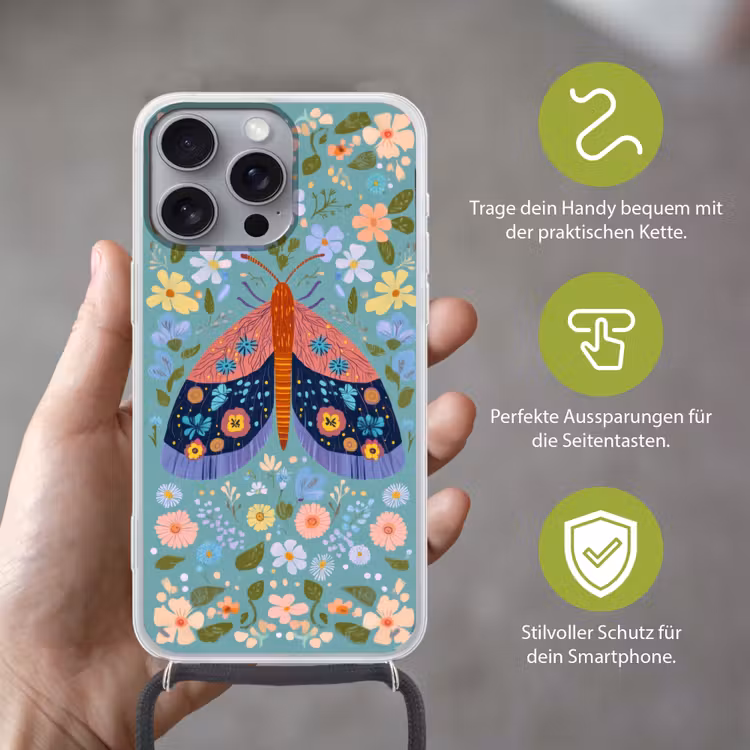 Vlinder - Sierlijk - Bloemen - Bladeren Hoesje iPhone 16 Pro Max met koord klein -sfeer2_DE