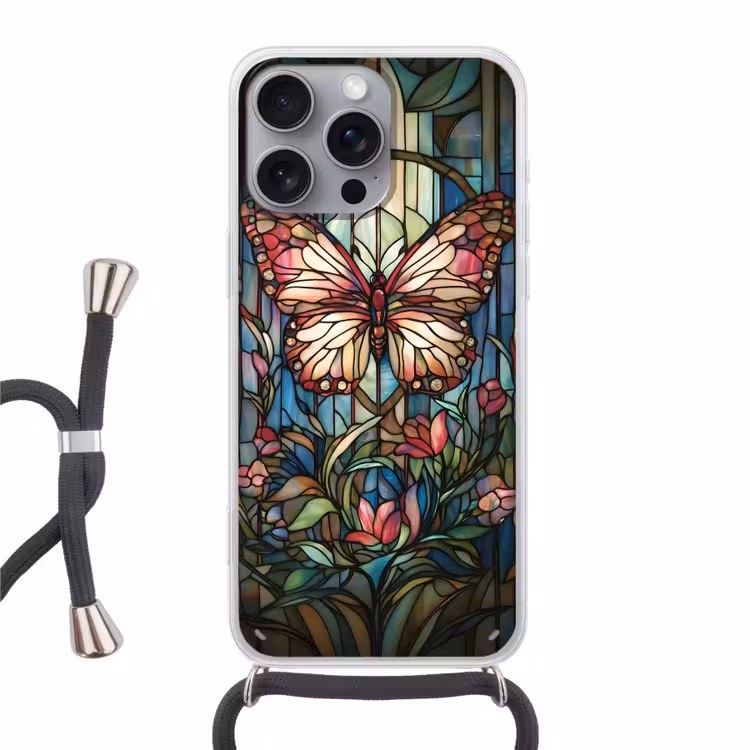 Vlinder - Roze - Bloemen - Bladeren Hoesje iPhone 16 Pro Max met koord klein -3d