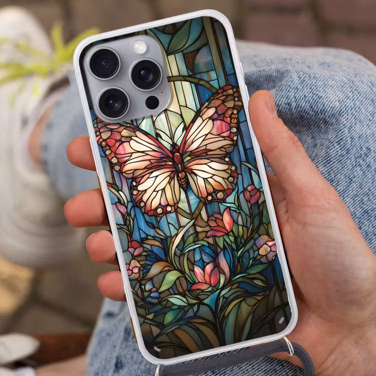 Vlinder - Roze - Bloemen - Bladeren Hoesje iPhone 16 Pro Max met koord klein -sfeer3