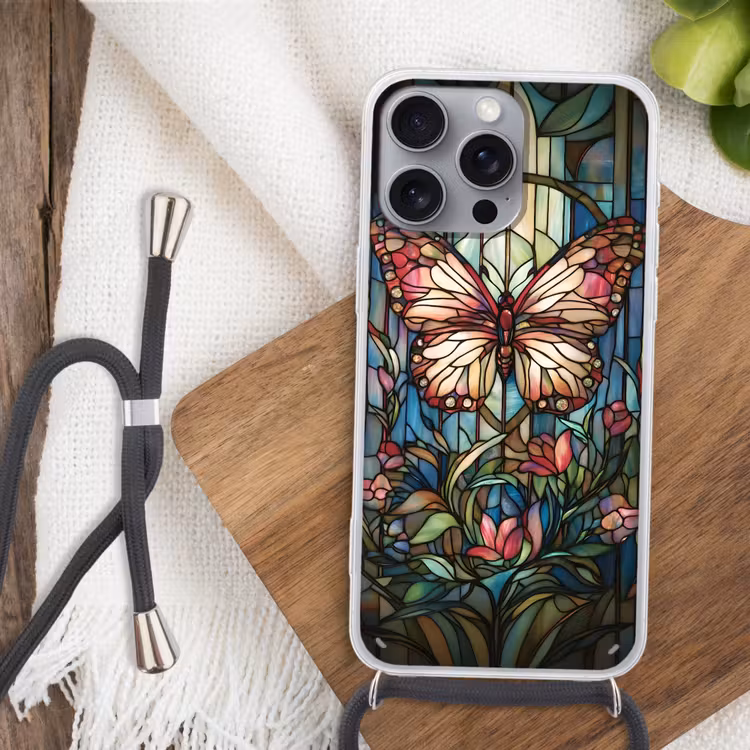 Vlinder - Roze - Bloemen - Bladeren Hoesje iPhone 16 Pro Max met koord klein -sfeer4