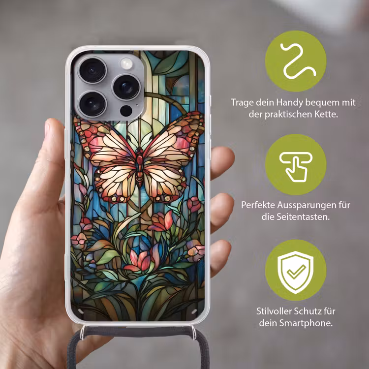 Vlinder - Roze - Bloemen - Bladeren Hoesje iPhone 16 Pro Max met koord klein -sfeer2_DE