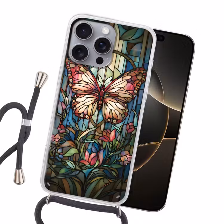 Vlinder - Roze - Bloemen - Bladeren Hoesje iPhone 16 Pro Max met koord klein -sfeer1