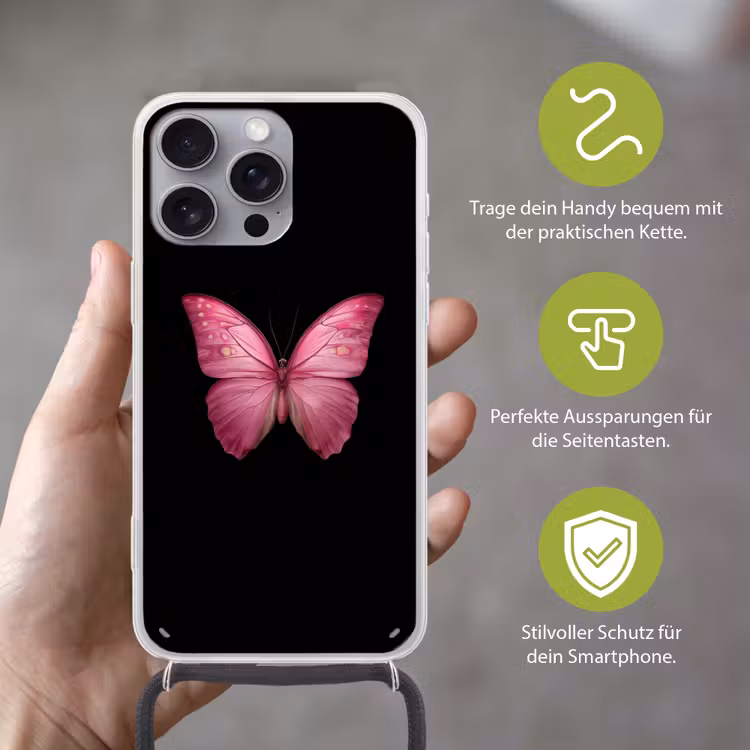 Vlinder - roze - Elegant Hoesje iPhone 16 Pro Max met koord klein -sfeer2_DE