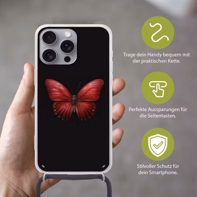 Vlinder - Rood - Minimalistisch Hoesje iPhone 16 Pro Max met koord klein -sfeer2_DE