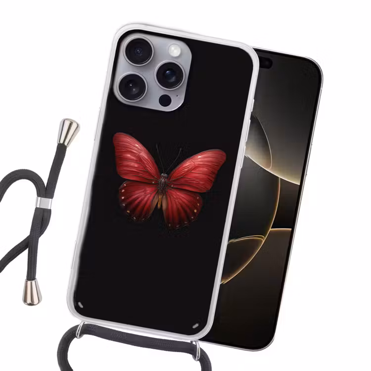 Vlinder - Rood - Minimalistisch Hoesje iPhone 16 Pro Max met koord klein -sfeer1