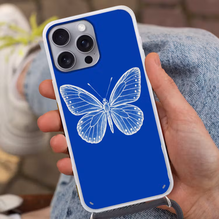 Vlinder - Wit - Getekend - Stippen Hoesje iPhone 16 Pro Max met koord klein -sfeer3