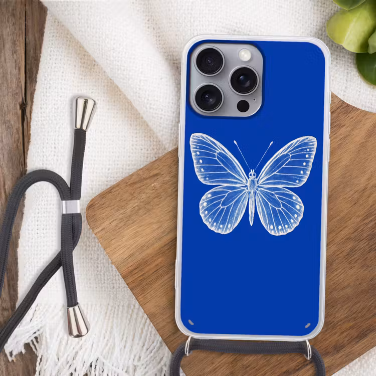 Vlinder - Wit - Getekend - Stippen Hoesje iPhone 16 Pro Max met koord klein -sfeer4