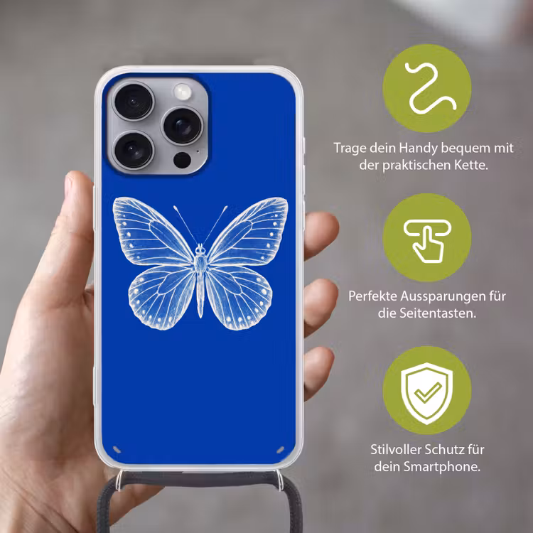 Vlinder - Wit - Getekend - Stippen Hoesje iPhone 16 Pro Max met koord klein -sfeer2_DE